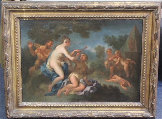 Italian School Nude women with a satyr and putti, 14 x 20in.